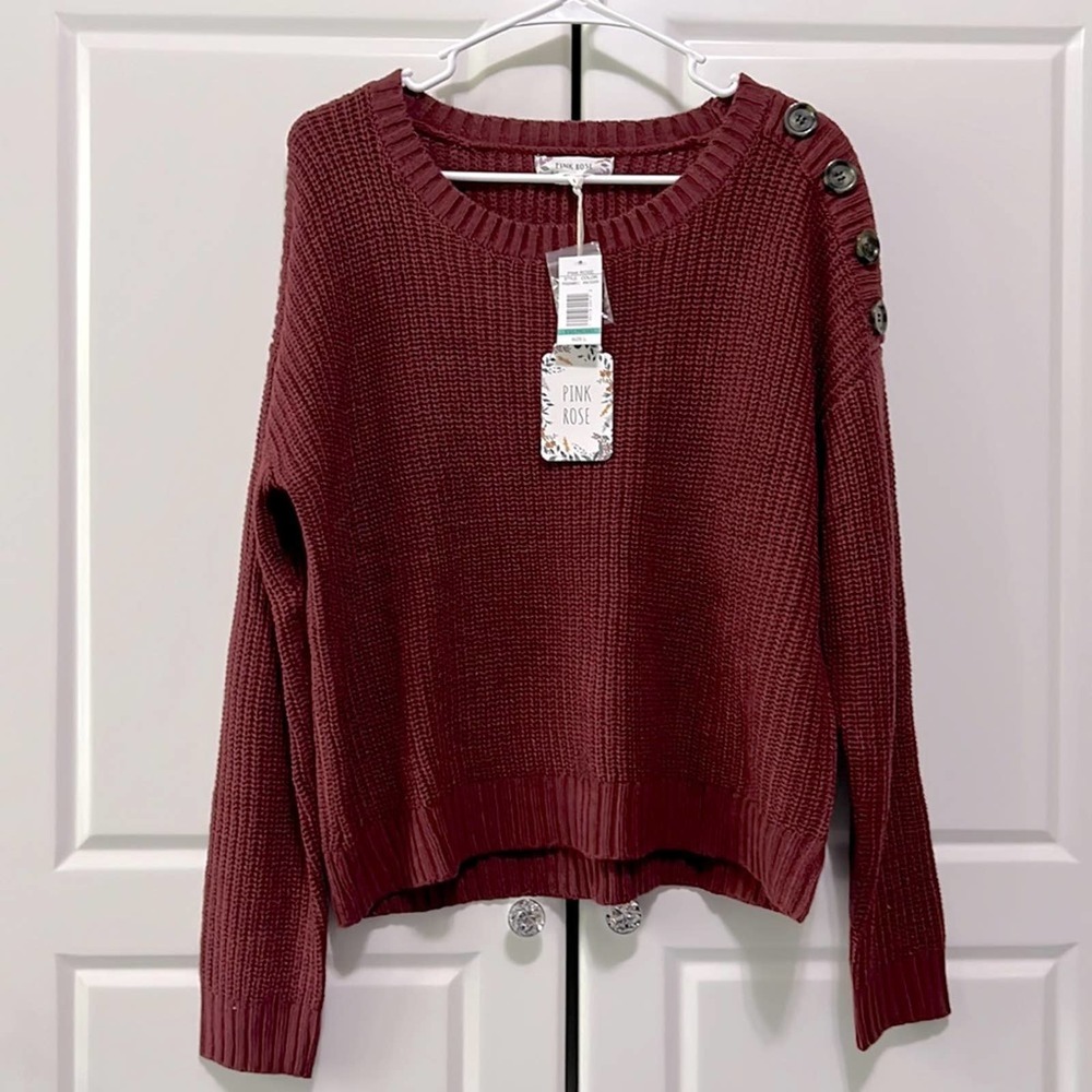 NWT Pink Rose Knit Sweater Sz L Button Details Crewneck Wine Burgundy